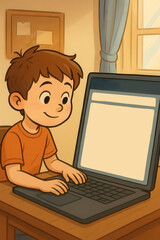 Cartoon illustration of smiling boy using laptop computer at home desk in cozy room with warm lighting
