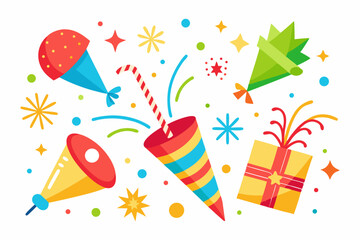 Festive Party Supplies Design featuring Colorful Party Hats, Crackers, and Gifts perfect for celebrations and events