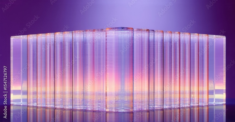 Poster Abstract installation. Vertical glass blocks illuminate, creating vibrant color gradients. Reflections mirror structure below. Dramatic lighting enhances visual impact.
