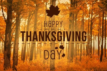 Thanksgiving text against woodland