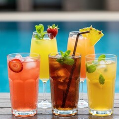 Refreshing summer drinks with condensation on glasses
