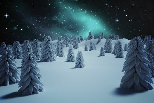 Fototapeta Trees on snow covered field aurora borealis