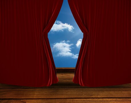 Fototapeta Flat design red curtains are parting on stage floor, revealing bright blue sky with white clouds