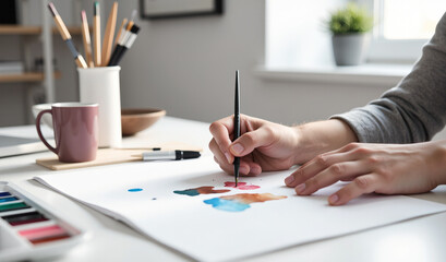 Fototapeta premium Primer plano de manos pintando con acuarela sobre papel artístico, pincel fino en uso, paleta de colores a un lado, ambiente creativo y natural con fondo desenfocado en interior bien iluminado.