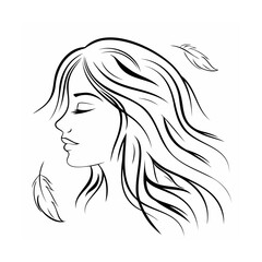 Black and White Line Art Woman Profile with Feathers