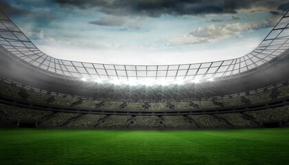 Empty grass turf is showing stadium seating under floodlit cantilever roof and partly cloudy sky