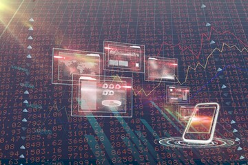 Stylized flat design showing hovering panels and smartphone projecting holographic financial charts