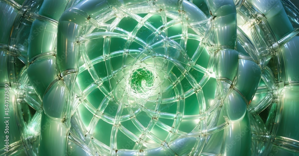 Poster Abstract fractal design. Spiraling tubes create luminous green pattern. Complex geometry, smooth textures, digital art.