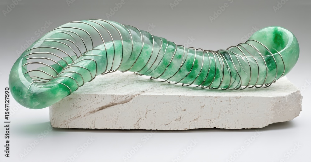 Poster sculpture features green stone form, wrapped with metal coils. object rests upon white base, creatin