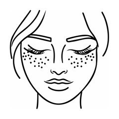 Black and White Line Drawing Freckled Woman Face Closed Eyes
