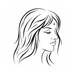Black and White Line Art Woman Profile Bindi Closed Eyes