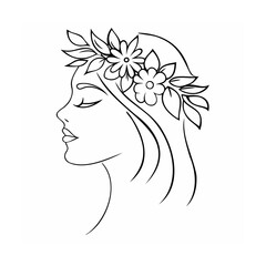 Woman Profile Line Art Floral Head Wreath Black White