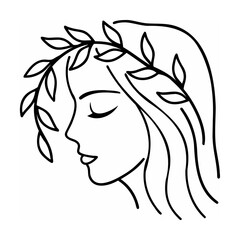Black Line Art Woman Profile with Leaf Wreath face