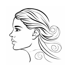 Black and White Line Art Woman Profile Long Hair Swirls