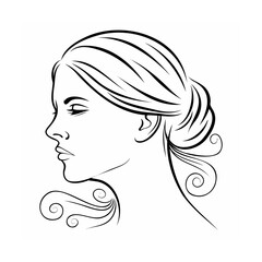 Black and White Line Drawing Woman Profile Elegant Hair Bun Swirls
