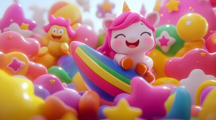 Naklejka premium Unicorn, Rainbow, Surfboard, Happy Unicorn on Rainbow Surfboard in Candyland