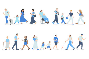 カラフルな親子と観光客の歩く人セット/Colorful Family & Tourist Walking People Set