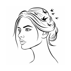 Black and White Line Art Woman Profile Birds Hair Updo