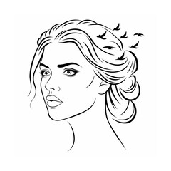 Black and White Line Art Woman Birds Hair Updo female