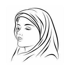 Black and White Line Drawing Woman Wearing Hijab headscarf