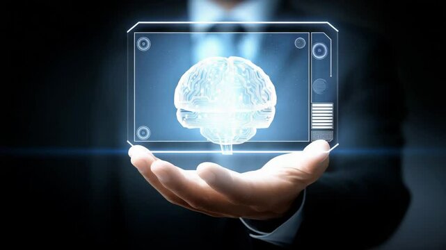 Hologram of brain above hand with digital interface technology showcasing futuristic AI concept