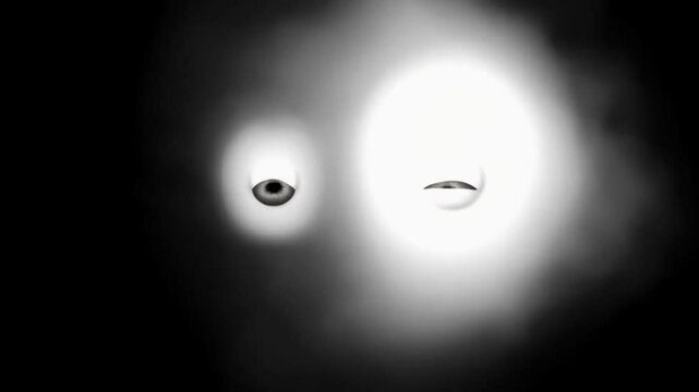 Surrealism. Horror Slow motion footage of two realistic  eyeballs they watching themself. Cinematic light. View from front, disturbing. Style like pinhole photography. B&w