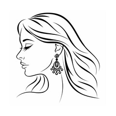 Black and White Line Art Woman Profile Elegant Earrings Long Hair