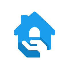 Blue House Icon Held in a Helping Hand Representing Charity and Social Welfare home