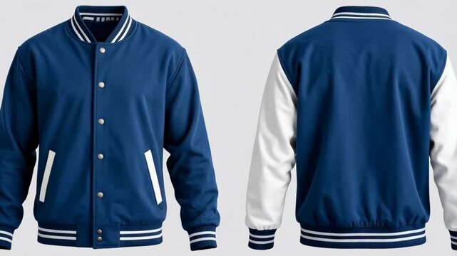 Blue letterman jacket front and back view with white striped ribbing and sleeves on neutral background for apparel presentation