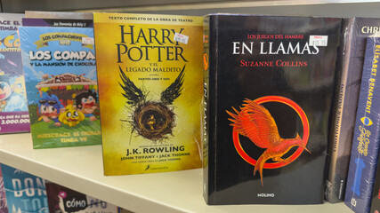 Naklejka premium GUAYAQUIL, ECUADOR - JUN 22, 2025: Popular young adult books on bookstore shelf, including Harry Potter and Catching Fire from The Hunger Games series.