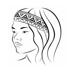 Black and White Line Art Woman Tribal Headband Long Hair
