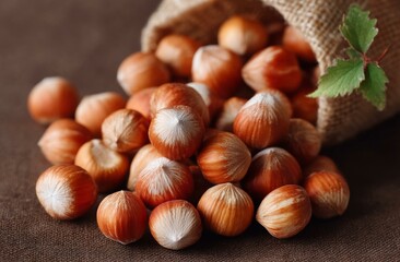 Obraz premium Hazelnuts in a Burlap Sack