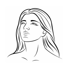 Black and White Line Drawing Woman Long Hair Upward Gaze