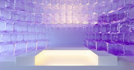 Obraz premium Ice hotel room features vaulted ceiling, illuminated platform. Cool purple lighting creates winter ambiance, spacious interior.