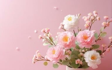 Fototapeta premium Beautiful Pink Flowers Arrangement on Pink Background