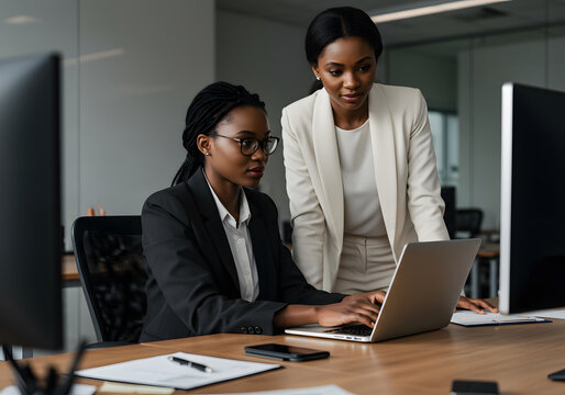 Two female colleagues working together, focused on a laptop in a modern office environment. They're engaged in a collaborative effort, discussing and reviewing their project
