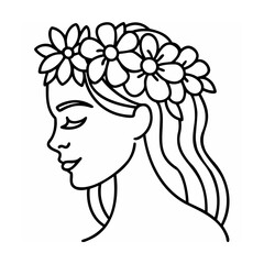 Woman Profile Outline Flower Crown Black White Line Art
