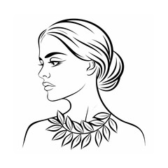 Black and White Line Drawing Woman Profile Leaf Necklace