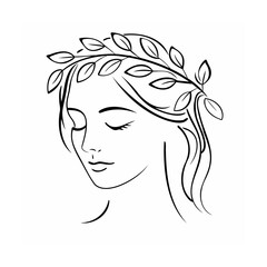 Woman Face Line Art Black and White Leaf Crown monochrome