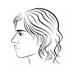 Black and White Line Art Profile of a Woman with Wavy Hair