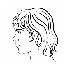 Black and White Line Art Profile of a Person with Wavy Hair