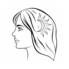 Woman Profile Line Art Sun Moon Hair Design black and white
