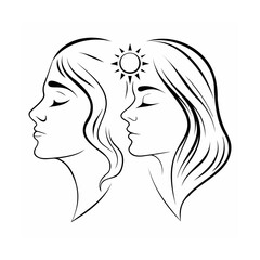 Two Women Faces Profile Line Art Sun Symbol black and white