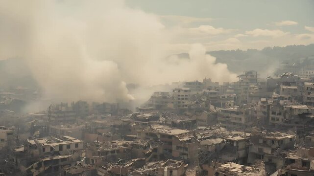 Devastating aftermath of urban conflict showcasing ruined buildings and smoke filled skies