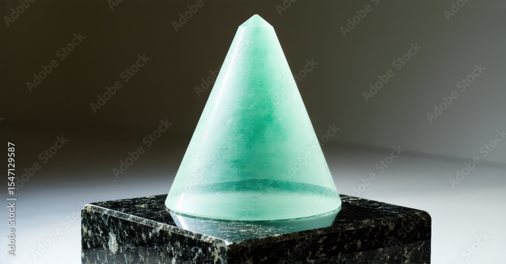 Poster Glass pyramid rests upon dark stone base. Light shines through translucent material, creating soft glow. Minimalist composition.