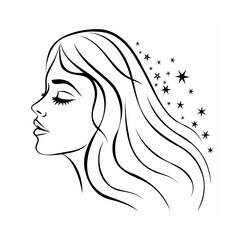 Black and White Line Art Woman Profile with Stars face