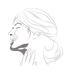 A line art profile depicts a woman with closed eyes, head tilted back, and a joyful, open-mouthed laugh, her hand gently touching her neck, exuding a sense of pure happiness.