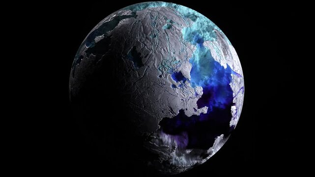 3d render of abstract art video animation damaged white winter snow ball planet earth with ice cold rough surface with blue transparent water effect ball inside on black grey background