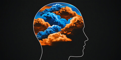 Silhouette of a human head filled with vibrant blue and orange clouds