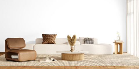Contemporary living room interior with white sectional sofa, wood coffee table and accent chair on...